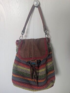 Le Sac Multicolor Crochet Canvas Shoulder Bag with Brown Flap